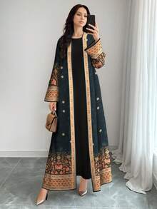 SHEIN Najma 女士花卉植物渐变印花休闲长袖阿拉伯长袍开衫外套，春秋季 - 彩色 - 查看 4