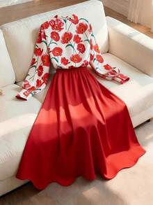 GlowEve CURVE Women's Elegant High Collar Tie Long Sleeve Blouse And A-Line Valentine's Day Skirt 2-Piece Set - Multicolor - View 2
