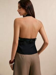 Poéselle 女士西装背心，配腰带，深V露背系带西装背心，时尚修身马甲，适合夜间外出和叠穿，露背背心，系带马甲，黑色西装背心，深V领上衣，简约晚装，时尚外出上衣，女士纯色单排扣深V领时尚背心 - 黑色 - 查看 4