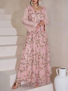 SHEIN Najma 女士优雅花卉刺绣蕾丝宽松喇叭袖圆领度假风连衣裙 - 粉色 - 查看 6