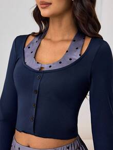 Aidyla Women's Blue Knit Long Sleeve Top And Grey Polka Dot Halter Neck Top With Grey Polka Dot Skirt 2-Piece Set, Spring/Summer - Grey - View 6