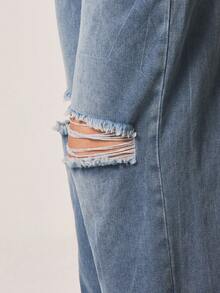 MISSGUIDED Mid Rise Distressed Wide Leg Jeans With Ripped Knee Holes Light Wash Baggy Flare Denim Pants Fall Winter Casual Streetwear - Medium Wash - View 5