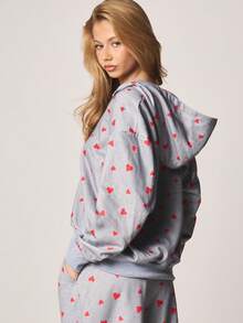 MISSGUIDED Women's Heart Print Zip Front Hoodie Valentine's Day Long Sleeve Sweatshirt With Hood Cozy Casual Pullover Top - Multicolor - View 2