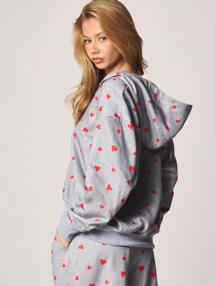MISSGUIDED Women's Heart Print Zip Front Hoodie Valentine's Day Long Sleeve Sweatshirt With Hood Cozy Casual Pullover Top