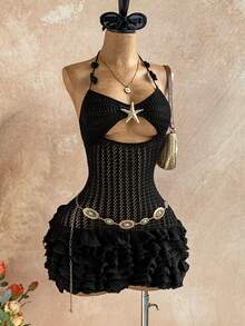 Soleia Váy ngắn đan dây buộc cổ nhiều lớp viền bèo nhún mới, thích hợp cho tiệc tùng, hẹn hò, ngày lễ tình nhân, lễ Phục sinh, lễ hội hóa trang, trà chiều, bãi biển, du ngoạn, kỳ nghỉ thành phố, mặc nhiều lớp cho mùa thu/đông - màu đen - Xem 4