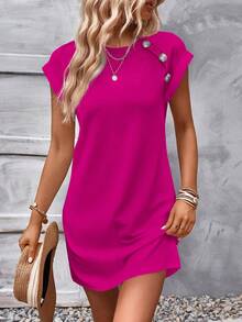 Lymera Spring/Summer New Fashionable & Elegant Button Design Round Neck Versatile Textured Mini Dress In Rose Red - Hot Pink - View 1
