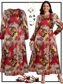 Ellevyn Plus Size Elegant Party Floral Print Dress - Red - View 1