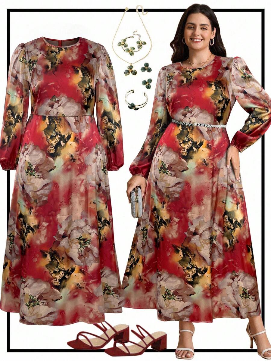 Ellevyn Plus Size Elegant Party Floral Print Dress - Red - View 1