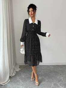 Rafferiza Vestido feminino de chiffon preto e branco com estampa de bolinhas, modelagem ajustada e detalhes vintage com botões. Elegante. - Preto e Branco - Ver 3