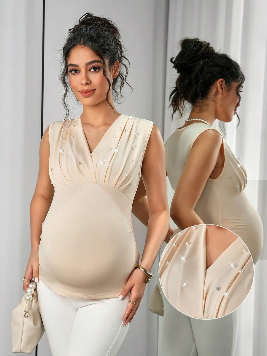 Momance Maternity Tank Top & Strap Tank Top, V-Neck Ruched Bust Design, Padded Cup, Slim Fit Tank Top - Apricot - View 1