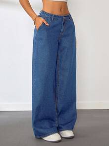 SHEIN Tall Women's Low Waist Straight Leg Blue Jeans - Dark Wash - View 4