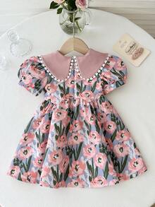 LMoss Kids LMoss Baby Girl Cute Ditsy Floral Ruffle Collar Puff Sleeve Dress,Summer Flower Girl Blue Pink Casual Clothes For Parties,Birthdays&Everyday Life - Multicolor - View 2