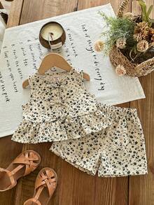 SHEIN LMoss Kids 女婴可爱碎花无袖上衣和松紧腰短裤套装，夏季 - 彩色 - 查看 5