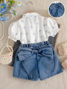 Girls' Butterfly Print Cute Shirt + Adorable Bowknot Blue Washed Denim Jeans - Multicolor - View 2