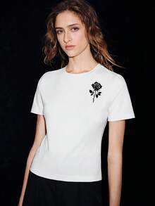 Lumivelle Women's White Floral Rose Pattern Fitted T-Shirt,Summer Chic Crew Neck Short Sleeve Contrast Embroidered Splice Casual Elegant Everyday Top - White - View 4