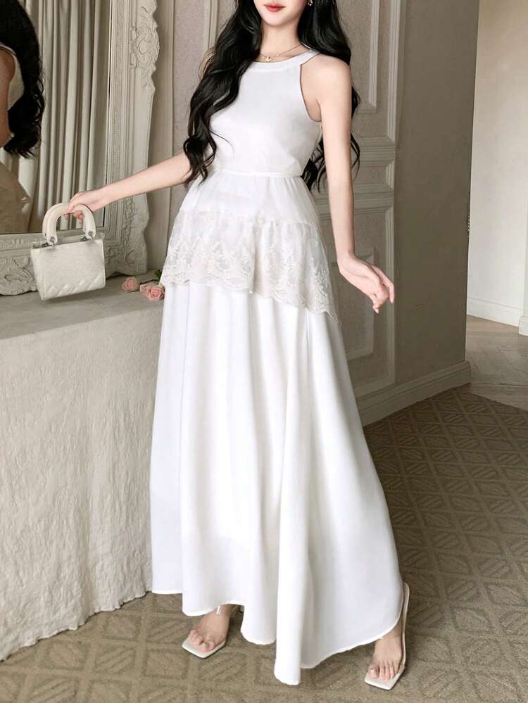 Women's Round Neck Sleeveless Lace Patchwork Cinched Waist Waist Pullover Blouse And Long Skirt Elegant 2-Piece Set