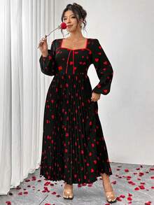 Elenzga Plus Size Black And Red Heart Print Dress,Elegant Square Neck Lantern Sleeve Pleated Autumn Wedding Outfits For Women,Valentine's Day Church Dress - Black - View 3
