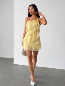 SHEIN PETITE 夏季海滩度假纯色杏色荷叶边迷你连衣裙，适合日常约会、夜间外出、夜店、派对、聚会、鸡尾酒会、泳池派对、返校季服装、校园连衣裙、节日连衣裙、音乐节服装、乡村音乐节服装、演唱会服装、奶油黄、锐舞派对服装、女士夏季连衣裙 - 黃色 - 查看 8