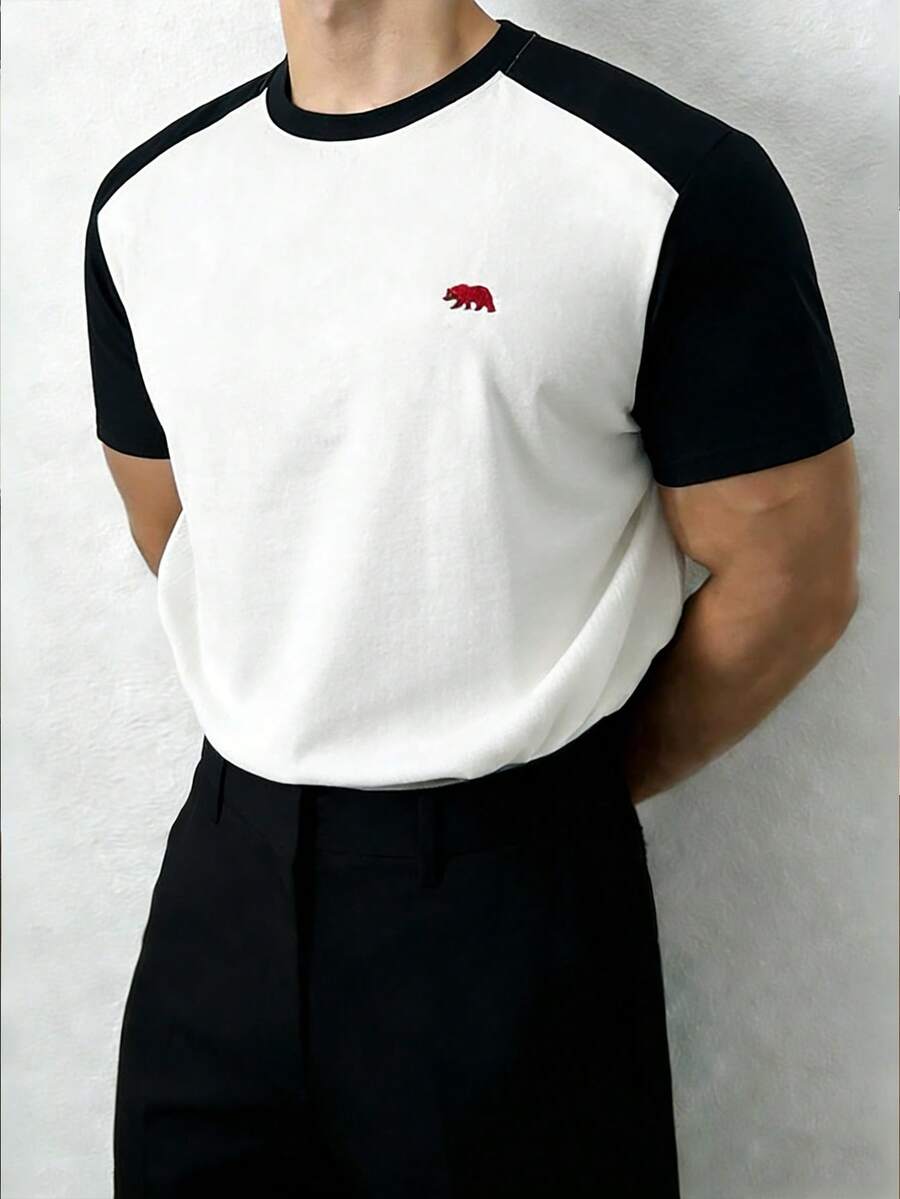 ESTAVOR 男士夏季休闲短袖T恤，撞色刺绣，黑白配色 - 黑與白 - 查看 1
