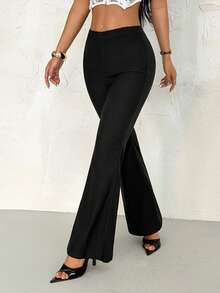 SHEIN PETITE Sexy Summer Business Office Casual Solid Flare Leg Pants - Black - View 5