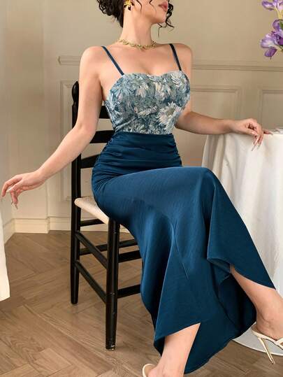 DAZY 女士优雅花卉拼接褶皱长连衣裙，夏季婚礼宾客礼服