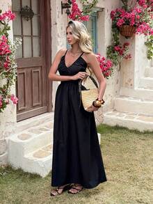 Cévolie 女士度假休闲纯色露背系带连衣裙 - 黑色 - 查看 3