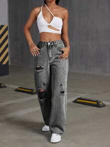 SHEIN Tall Women's High Waist Distressed Washed Straight Leg Jeans With Pockets - Light Grey - View 3