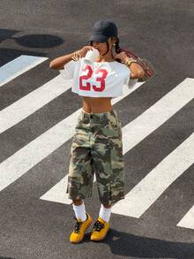 StreetHx 女士不对称肩部短款T恤，朋克数字球衣23号白色短袖不对称肩部上衣 - 白色 - 查看 7