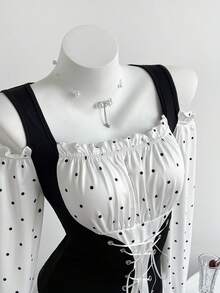Elamini Women's Casual Faux 2-Piece Polka Dot Splice Eyelet Lace-Up Off Shoulder Fitted Long Sleeve T-Shirt, Spring/Autumn Polka Dots - Black and White - View 1