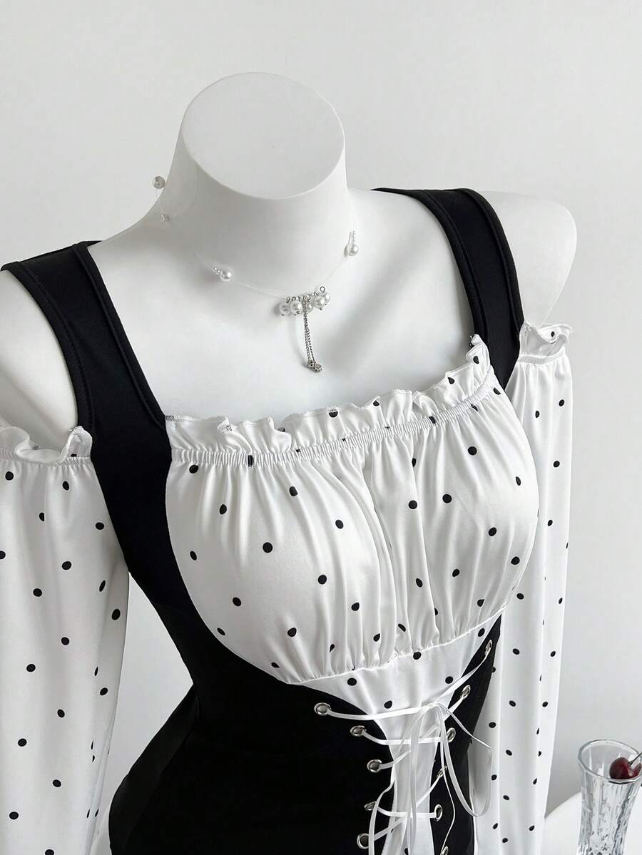 Elamini Women's Casual Faux 2-Piece Polka Dot Splice Eyelet Lace-Up Off Shoulder Fitted Long Sleeve T-Shirt, Spring/Autumn Polka Dots - Black and White - View 1
