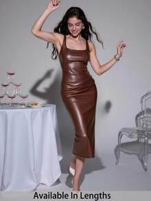 SHEIN Tall CURVE Women's Plus Size Chocolate Brown PU Leather Square Neck Pleated Dress,Elegant Autumn Bodycon Fitted Dress For Date Night,Party & Graduation Outfits - Brown - View 3