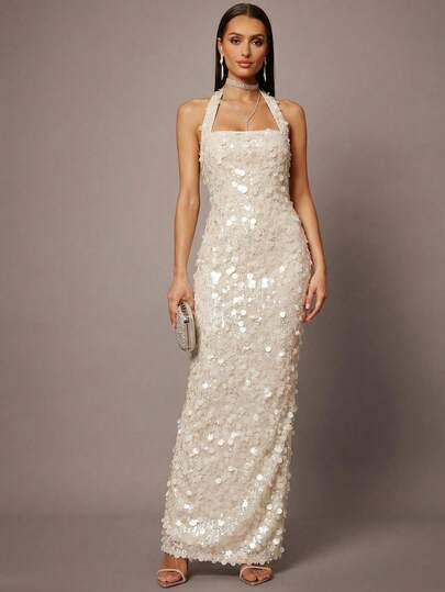 Silquee Đầm dạ hội cổ yếm đính sequin màu trơn thanh lịch dành cho nữ