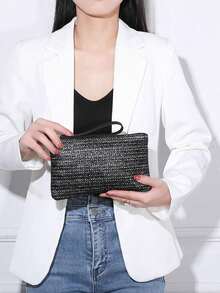 1 件时尚复古草编手拿包，女士款；1 件波西米亚风编织沙滩包，简约休闲手提包，夏季旅行托特包，非常适合度假、户外休闲、野餐、上学、大学、青少年背包，柔软拉链钱包，字母印花设计 - 彩色 - 查看 2