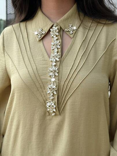 Al Najma Đầm dài tay kiểu Ả Rập thanh lịch dành cho nữ, cổ áo đính đá.