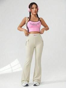 SHEIN EZwear 针织休闲喇叭裤 - 杏色 - 查看 4