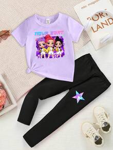 春夏女童休闲时尚创意个性清新简约可爱虚拟少女组合卡通人物彩色星星图案字母印花T恤和打底裤两件套，舒适日常穿着，温暖的夏秋风格，适合春、夏、秋季穿着。 - 彩色 - 查看 4