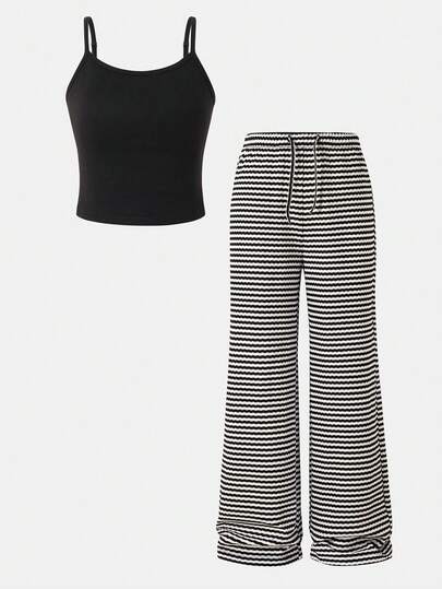 Emery Rose Kids Tween Girl Solid Color Camisole And Striped Wide Leg Pants Casual Outfit