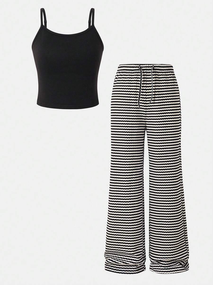 Emery Rose Kids 少女纯色吊带背心搭配条纹阔腿裤休闲装 - 黑與白 - 查看 1