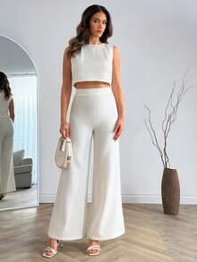 EURMUSE Femei, Primăvară, Vară, Set, Set Două, Croșetat, Boho, Pantaloni, Plivire, Set Pantaloni Albi cu Croșetat și Top Crop Alb - alb - Vizualizare 1