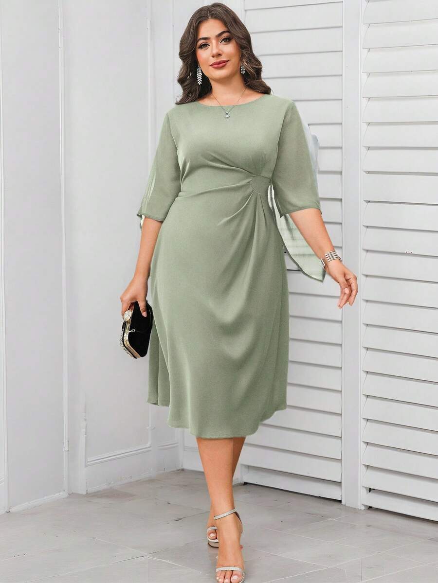 Reflora Plus Size Women Solid Color Round Neck Flare Sleeve Waist Ruched Elegant Dress Formal Wedding Guest Wedding Sage Green Autumn Fall - Mint Green - View 1