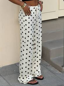 Muchica 修身波点印花抽绳腰带休闲女裤 - 黑與白 - 查看 5