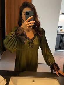DAZY 迷人緞面對比色蕾絲拼接中長款女式睡裙睡衣 - 橄欖綠 - 查看 8
