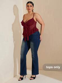 SHEIN BAE Áo hai dây lưới xếp ly cỡ lớn dành cho nữ, thích hợp cho lễ Phục sinh, lễ tốt nghiệp, đi club, mùa xuân, mùa hè, đêm lễ hội, sinh nhật, đám cưới, kỳ nghỉ, buổi hòa nhạc. - Màu Đỏ Sâu - Xem 3