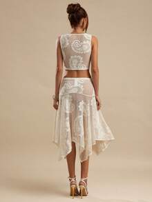 SHEIN BAE 2pcs Apricot Sleeveless Lace Texture Tank Top & Paisley Lace Patterned Sheer Skirt Set, Vacation Beach Sheer Outfit, Paisley Lace, Sheer Lace, Sexy, Brunch Dress, Wedding Guest Attire, Going Out Dress - Apricot - View 2