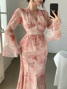 DAZY Damen elegantes 2-teiliges Set aus Blumenprint V-Ausschnitt Bluse mit Glockenärmeln und Rock, Frühling/Sommer - Pink - Übersicht 9