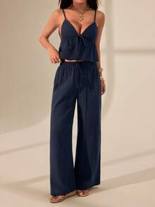 SHEIN PETITE 1 Set Women Navy Cotton & Linen Camisole And Pants, 100% Cotton, Comfortable - Navy Blue - View 5