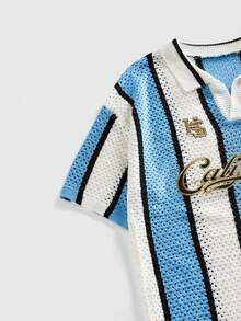 ROMWE MEN Prep 男士复古街头风 Polo 领刺绣足球针织毛衣 - 淺藍色 - 查看 4