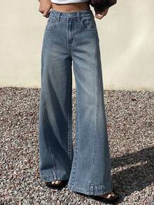 DAZY Women's Regular Waist Loose Wide Leg Jeans With Stylish Hem Design, Casual Street Style - Medium Wash - View 2