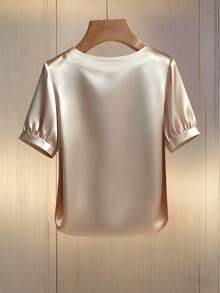 Franclia Summer Minimalist Studded Square Collar Puff Sleeve Loose Casual Commuter Shirt - Apricot - View 2