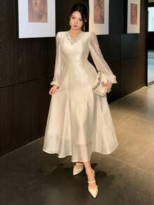 DAZY Women's Elegant Solid Color Lace Patchwork Puff Sleeve Long Dress, Spring/Summer Wedding Guest Dress Sundress - Beige - View 5